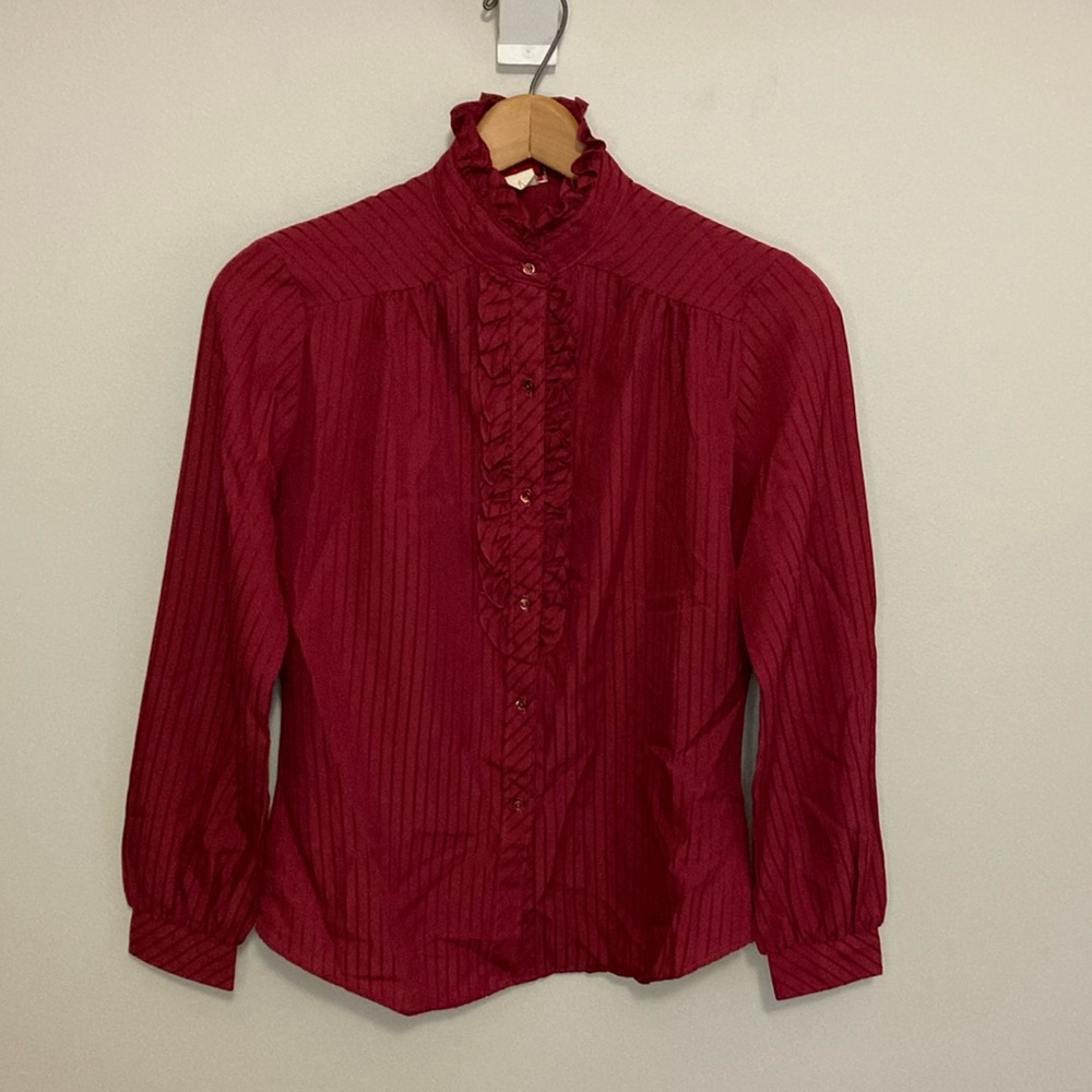 Women’s Vintage Langtry Button Up Blouse Deep Red, Size small, Ruffle collar